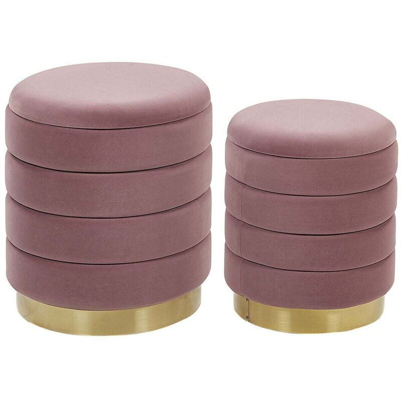 Beliani Pouf 2er Set Rosa Samtstoff Gesteppt Rund Mit Stauraum Goldfuß Modern Glamourös Für Wohnzimmer Schlafzimmer Flur Garderobe Schminktisch