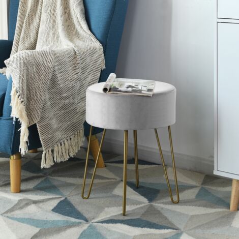 Pouf Tabouret Rond Ø39cm en Velours avec Pieds Métalliques Robustes Gris