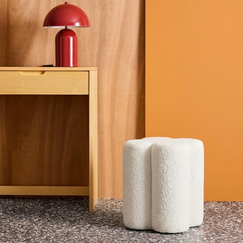 Pouf tabouret trèfle bouclette blanc Ø38 x H 40cm - Clover