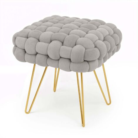 Pouf taburete de terciopelo trenzado 38 cm DOTTY Gris Claro