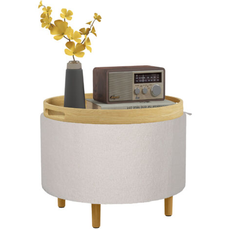 Pouf Teddy avec rangement secret, coussin en fausse fourrure blanche, couvercle réversible, 56x56x42 cm