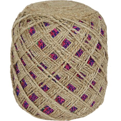 Pouf tressé jute coloré pour détente bohème - Nuances de marron avec touches multicolores