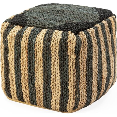 Pouf tressé naturel et noir esprit artisanal pour salon cosy - Naturel rayé noir artisanal