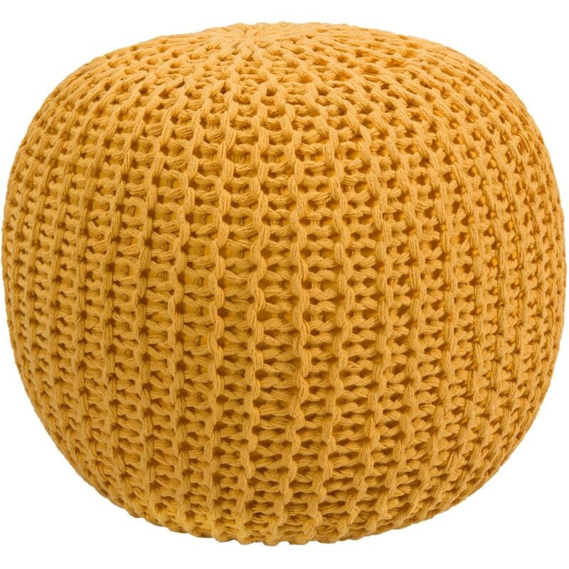 Pouf tricot rond en coton jaune moutarde D40 cm - elisa