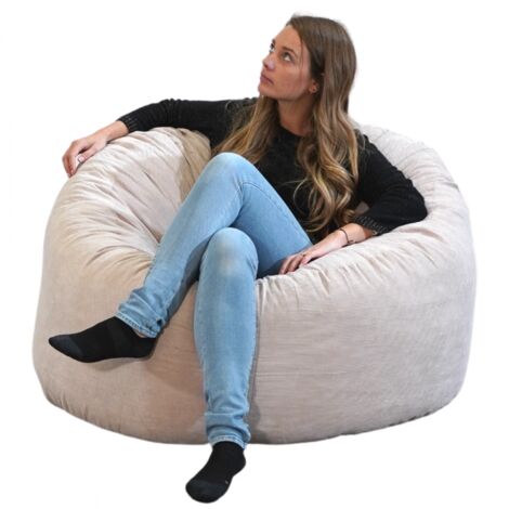 Pouf en velours côtelé 100 cm – Rembourrage en mousse déchiquetée – Confort optimal pour soutien lombaire – Beige