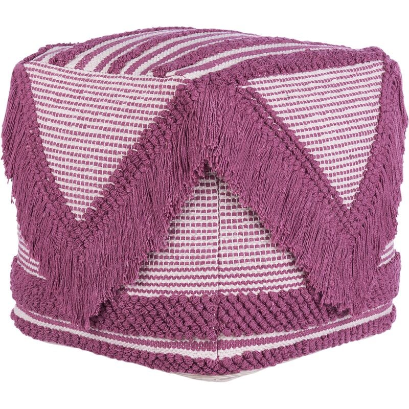 Beliani - Boho Fringed Pouffe Knitted Braided Tassels Living Room Beige and Pink Kochi