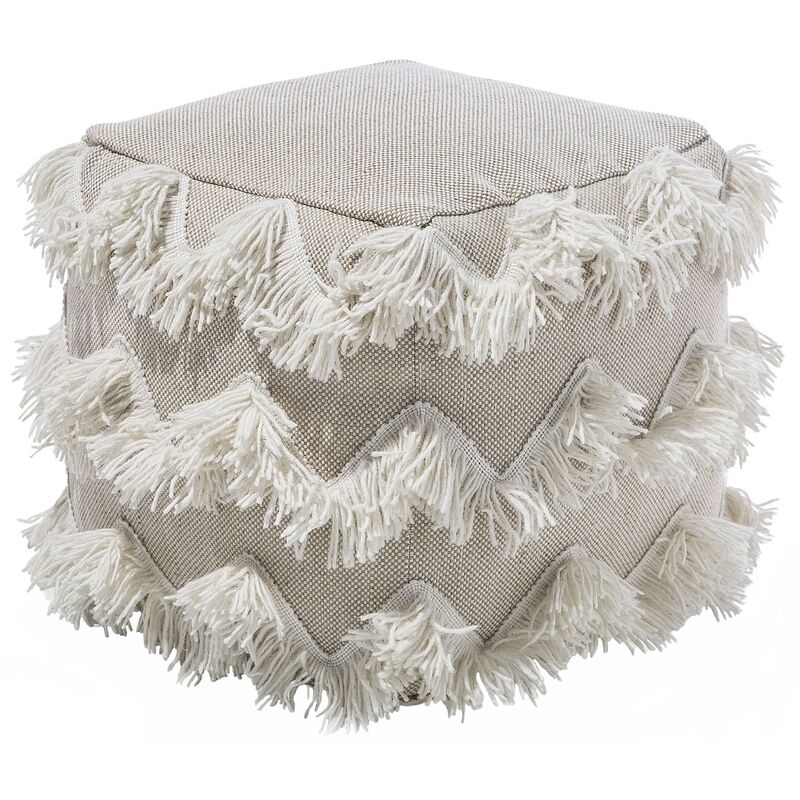 Boho Fringed Pouffe Square EPS Fill Tassels Living Room Beige Nashik