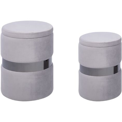 Poufs Gris en Velours Repose-Pieds Ronds à Ceinture Argentée Glamour Lot de 2 Doris
