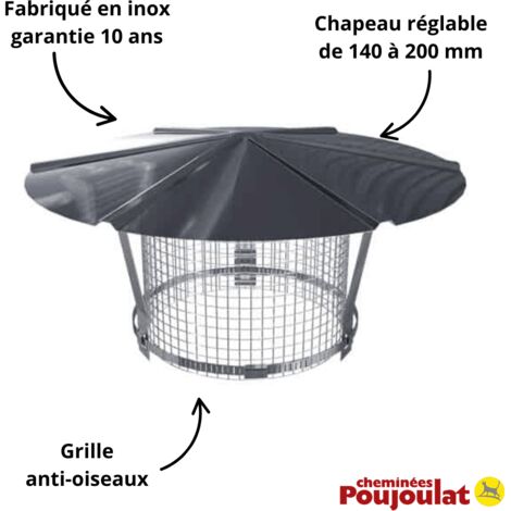 Poujoulat – Chapeau chinois inox réglable 140 à 200 mm – Grillage anti-oiseau – Résistant aux hautes températures – Installation rapide