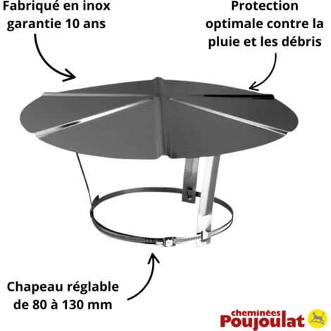 Poujoulat – Chapeau chinois inox réglable 80-130 mm – Pare-pluie polycombustible – Résistant aux hautes températures – Installation facile