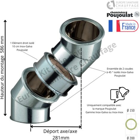 Poujoulat – Kit 2 coudes à 45° double paroi – 10 cm Inox 304 – Isolation laine de roche – Diamètre 150 mm pour systèmes de chauffage