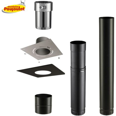 Poujoulat – Kit raccordement conduit émaillé 150mm – Plaque finition aimantée – Éléments droits et réglables pour poêles à bois – Installation intérieure