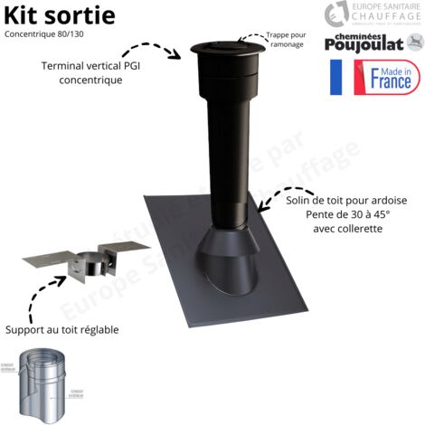 Poujoulat – Kit complet de fumisterie sortie de toit ardoise concentrique – Pente 30 à 45° – Diamètre conduit ∅ 80/130 – Installation facile