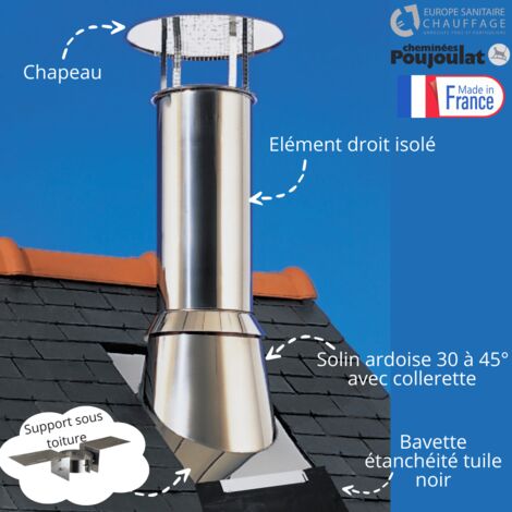 Poujoulat – Kit sortie de toit isolé 150mm – Pente 30 à 45 degrés – Finition inox – Conduit double paroi pour appareils de chauffage