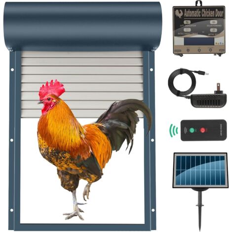 Poulailler Automatique Solaire,Porte Automatique poulailler programmable,Powerd Métal Rideau Roulant Poulailler Porte,avec Capteur de Lumière, Commande de Minuterie, Télécommande -Bleu foncé
