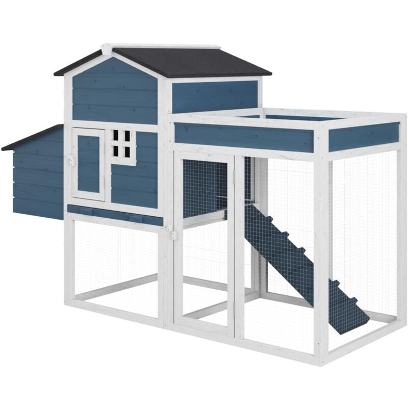 Vente-unique - Poulailler avec enclos et potager - 4 poules - l. 168 x p. 64 x h. 109 cm - Bleu et blanc - campora