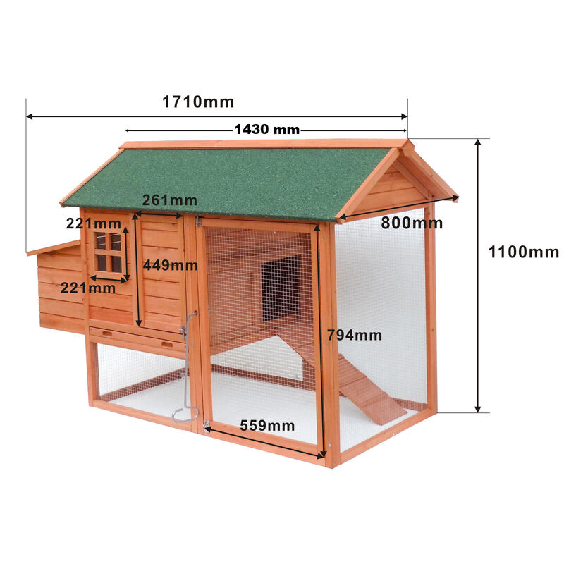 Poulailler Avec Espaces Extérieurs Et Abri Accrue En Bois De Sapin Avec Toit Tar 1710x800x1100mm