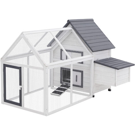 Poulailler clapier modèle villa multi-équipée : rampe, nichoirs, perchoirs, plateau excrément, 2 portes bois massif pin gris blanc