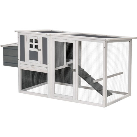 Poulailler cottage cage à poules sur pied dim. 162L x 76l x 79H cm multi-équipement toit polycarbonate bois sapin blanc gris - Gris