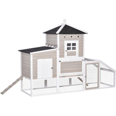 Poulailler cottage cage à poules sur pied dim. 235L x 83l x 171H cm multi-équipement toits bitumés bois sapin blanc gris - Gris