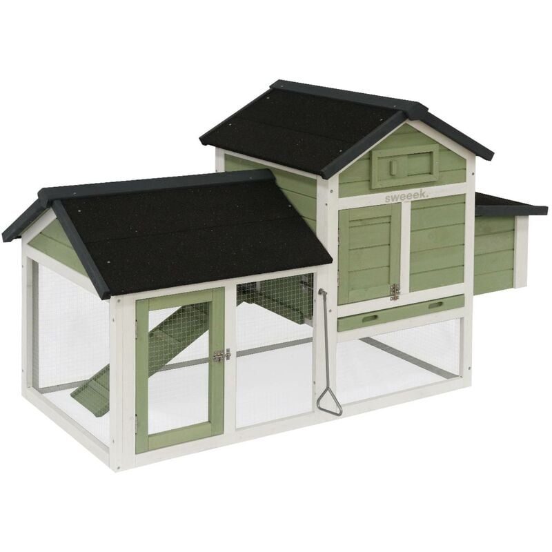 Sweeek - Poulailler en bois blanc et vert galinette. 3 poules. cage à poule avec enclos