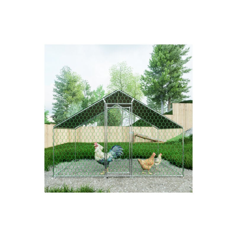 Poulailler en métal 3x2x2 m avec fermeture de sécurité et toile pe imperméable, enclos métallique pour poulets, lapins, argent