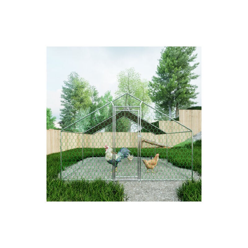 Poulailler en métal 3x4x2 m avec fermeture de sécurité et toile pe imperméable, enclos métallique pour poulets, lapins, argent