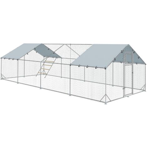 Poulailler, enclos pour poules élevées en plein air, avec bâche résistante aux UV, grillage en acier, mangeoire automatique, pour 24 à 30 poules