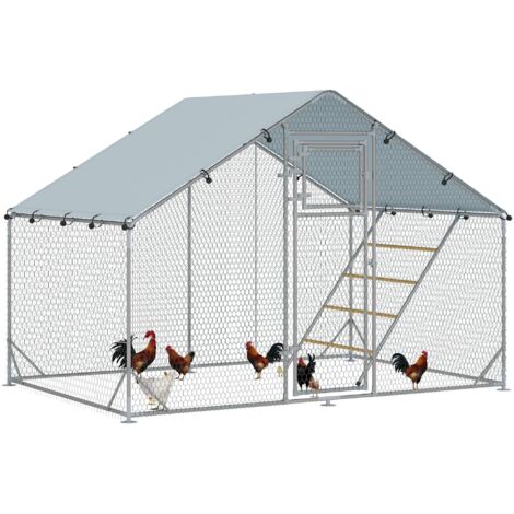 Poulailler, enclos pour poules élevées en plein air, avec bâche résistante aux UV, grillage en acier, mangeoire automatique, pour 6 à 8 poules