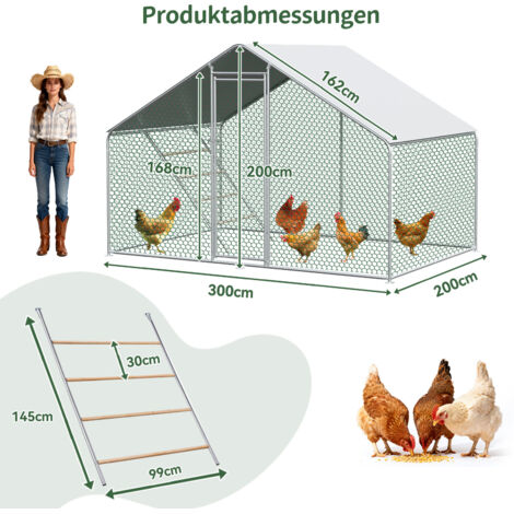 Poulailler extérieur 3x2x2m avec serrure de sécurité et tissu PE imperméable. Enclos métallique adapté aux poules,lapins et petits animaux.