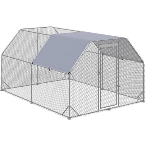 Poulailler extérieur, enclos pour poules, porte verrouillable, pour 10 à 12 poules, 280 cm x 380 cm x 195 cm, gris