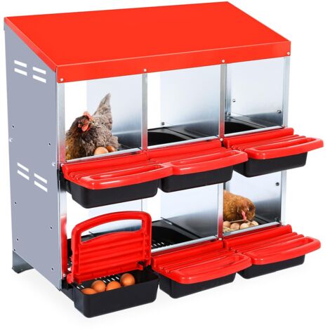 Poulailler galvanisé 6 cases, Pondoir anti-casse, rampe de récupération, protection intégrée, facile à nettoyer, Rouge
