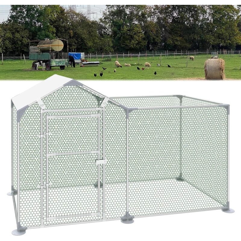 Poulailler pour poulets fermiers 2 x 1 m avec serrure, structure en acier galvanisé avec toit de protection solaire en pe, poulailler pour petits