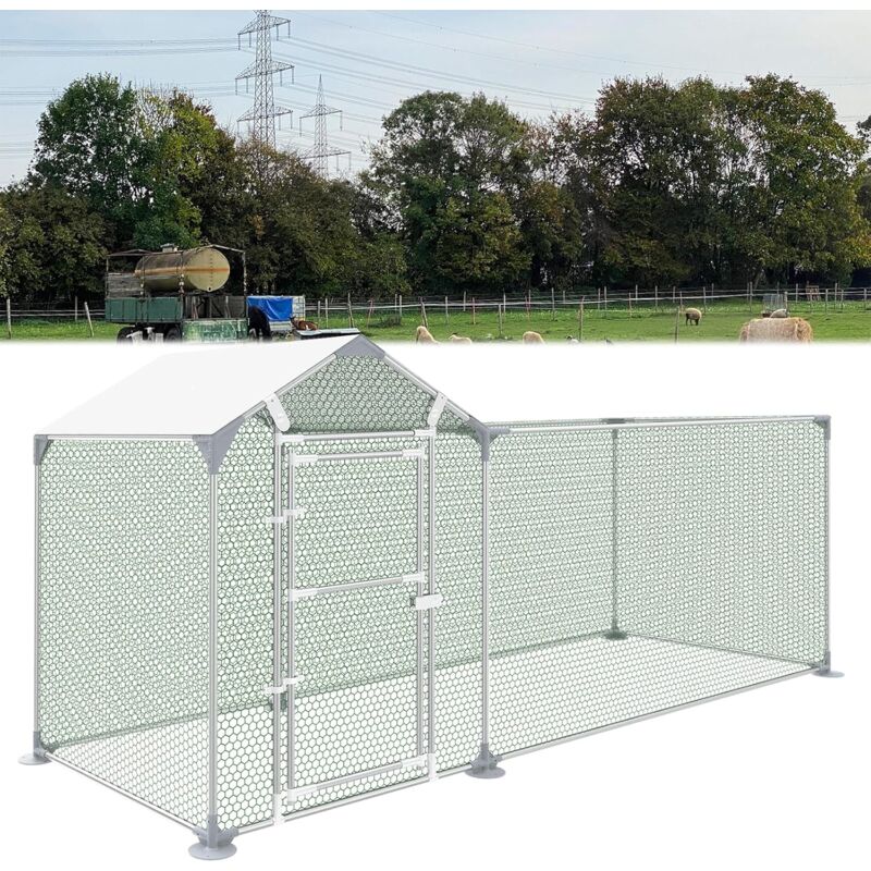 Poulailler pour poulets fermiers 3 x 1 m avec serrure, structure en acier galvanisé avec toit de protection solaire en pe, poulailler pour petits