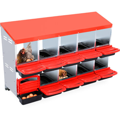 Poulailler pratique : nichoir métal 10 compartiments avec rampe œufs – pose mur ou sol, rouge