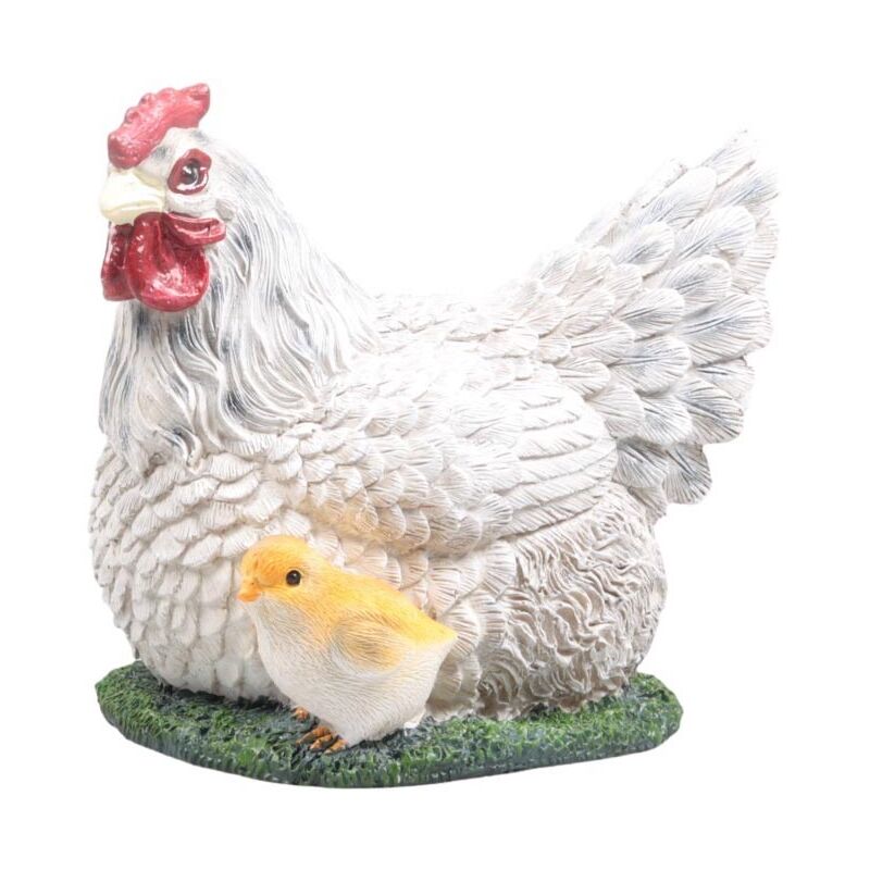 Farmwood Animals - Poule couvant avec poussin en résine 17 x 23 x 19 cm - Blanc
