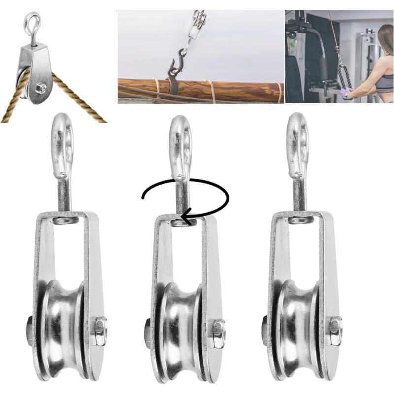 Poulie 3 pièces avec roulements à billes, poulie de fitness, poulie de levage, poulie folle en acier inoxydable, poulie simple, capacité de charge 80