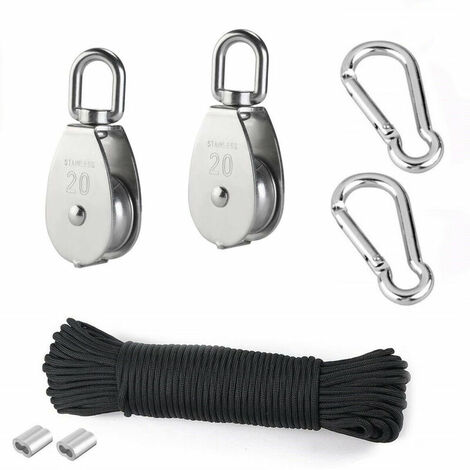 Poulie de Levage, 2 Pièces 20MM Poulie en Acier Inox 304,2 Pièces M20 Poulie Simple, Pour Cordes et Câbles, avec 8mm corde d'escalade 20M