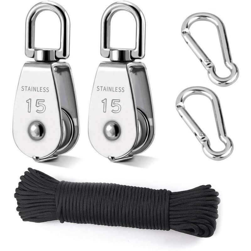 Poulie de Levage, 2 Pièces 15MM Poulie en Acier Inox 304,2 Pièces M15 Poulie Simple, Pour Cordes et Câbles, avec 8mm corde d'escalade 20M
