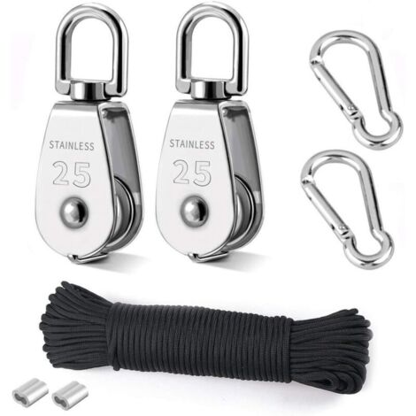 Poulie de levage, 2 poulies de 25 mm en acier inoxydable 304, 2 poulies simples M25, pour cordes et câbles, avec corde d'escalade de 8 mm et 20 m.