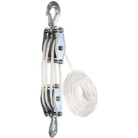 Poulie de palan à corde de 1100 livres - Acier galvanisé - 3 Poulies - Levage 2,5m - Corde de nylon résistant de 15 m