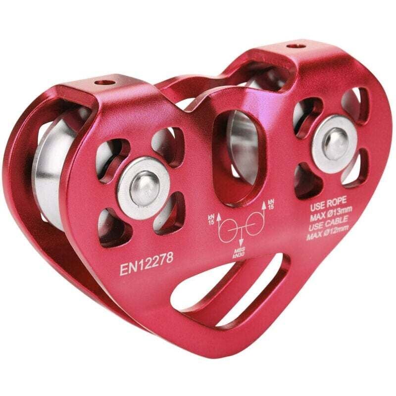 Image of Poulie Double 30KN Équipement Escalade Tyrolienne Chariot Câble Sauvetage Extérieur Rouge