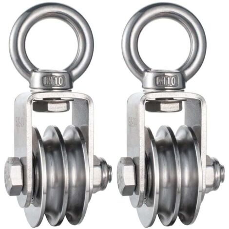 Poulie double à câble robuste en acier inoxydable avec roulements internes, poulie simple pivotante pour systèmes de levage à poulie, capacité de 1100 lb, (2 paquet)