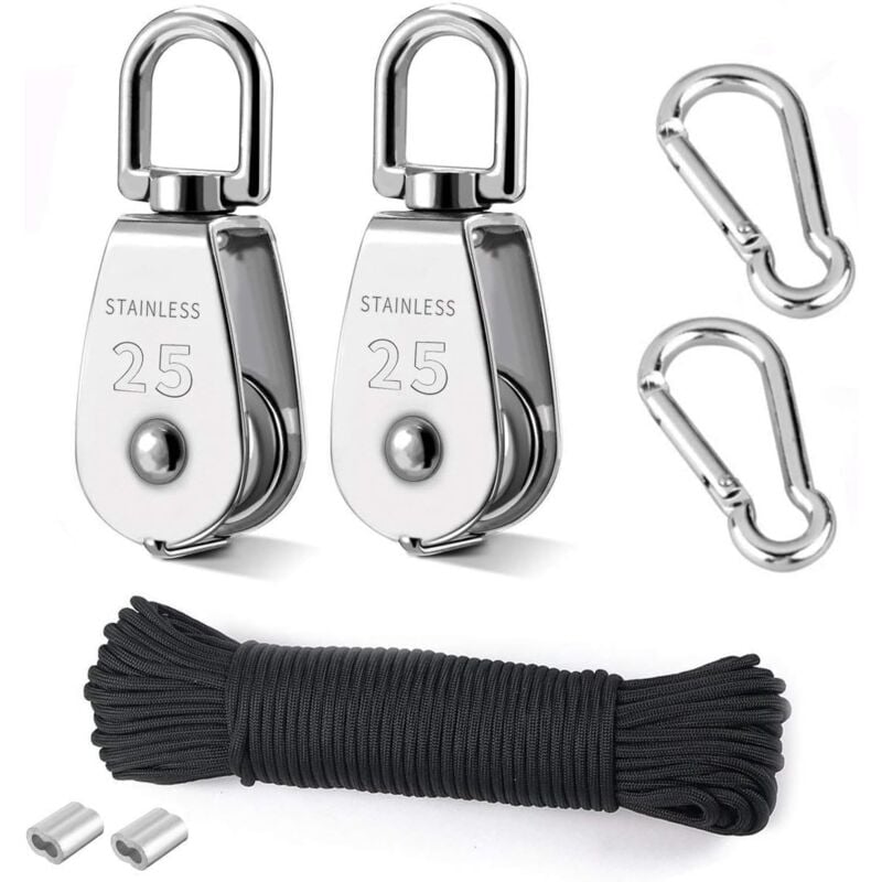 Poulie de Levage, 2 Pièces 25MM Poulie en Acier Inox 304,2 Pièces M25 Poulie Simple, Pour Cordes et Câbles, avec 8mm corde d'escalade 20M