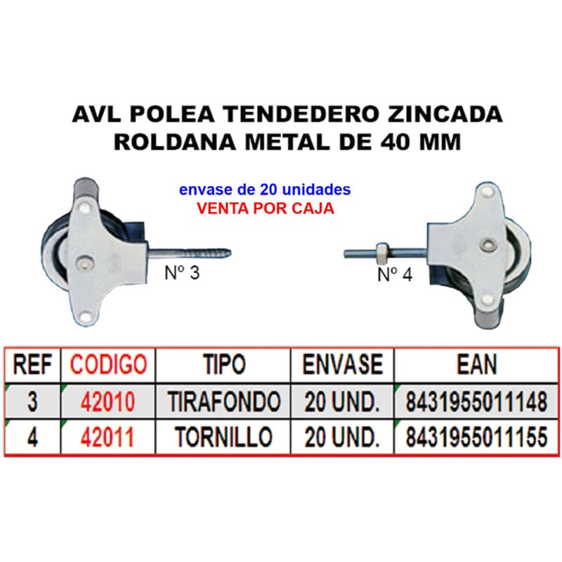 Poulie pour corde à linge AVL 4 en zinc Réa métallique 40 mm avec vis HR3S