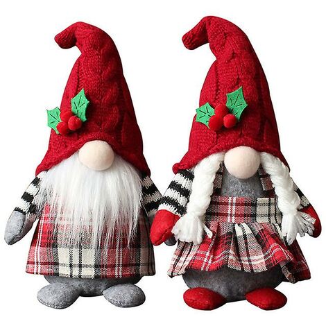 Poupée de Père Noël tricotée en peluche Gnomes à carreaux rouges de Noël, 11,8 pouces Ornements de décoration d'elfe nain Gonk de baies rouges de Noël, debout poupée sans visage faite à la main