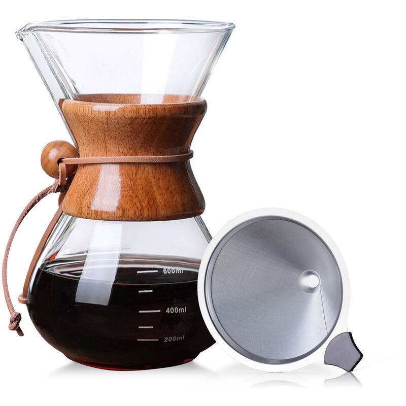 

Pour Over Coffee Maker Jarra de vidrio sin papel de 20 oz con filtro de acero inoxidable Cafetera de vidrio reutilizable Goteador de cafe manual