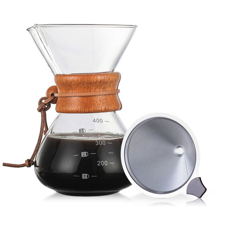 

Pour Over Coffee Maker Jarra de vidrio sin papel de 14 oz con filtro de acero inoxidable Cafetera de vidrio reutilizable Goteador de cafe manual