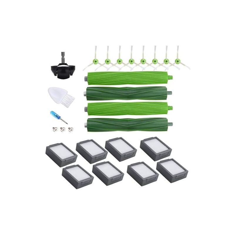 Pour pièces avec iRobot Roomba i1 i3 Evo i4 i6 i7+ i8 E5 E6 combo i5 J5+, 4 Brosse Principales 8 Filtres hepa 8 Brosses latérales 1 Roue Avant