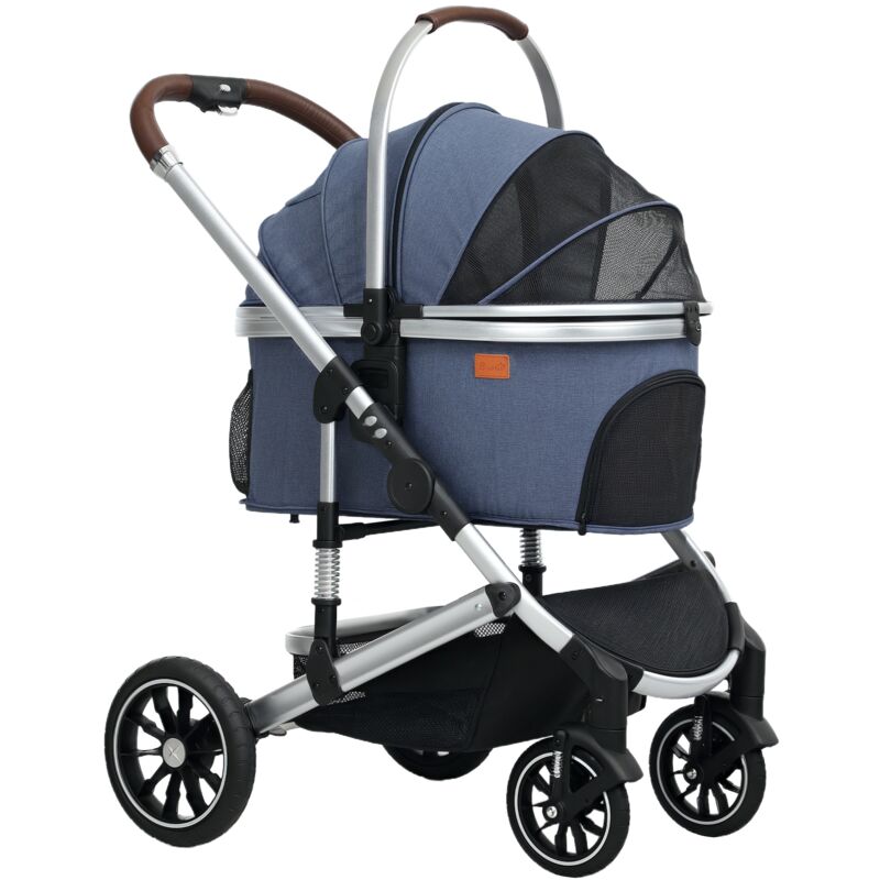 Poussette 3 en 1 pour animaux de compagnie, avec coussin, porte-gobelet, fenêtre en maille, porte, panier de rangement, pliable, poussette pour chien